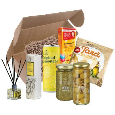 Подарочный набор "Итальянские радости": диффузор, лимонад, песто, оливки, таралли, печенье