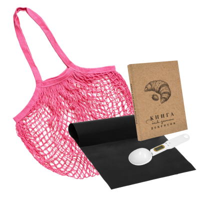 Подарочный набор "Кулинарное вдохновение": тефлоновый коврик, мерная ложка, книга рецептов, авоська 