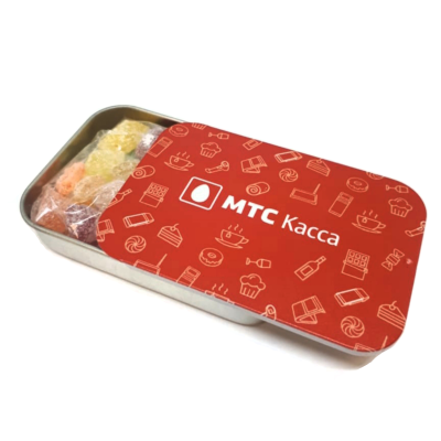 Баночка с конфетами драже с брендированием,Slide-Tin