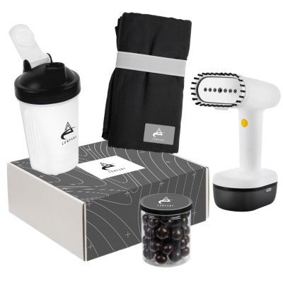 Подарочный набор "Вояж": отпариватель, спортивное полотенце, шейкер, фундук в шоко