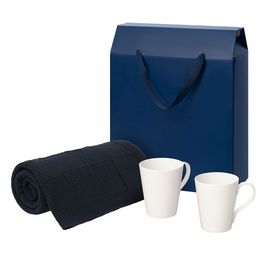 Подарочный набор Vesta, Cella, синий в коробке-пакете (две фарфоровых кружки, плед)