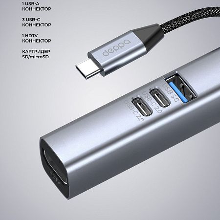 USB-хаб 7 в 1 USB-C - USB-A3.0 + 2хUSB-C + USB-C PD100Вт + HDMI + SD + microSD