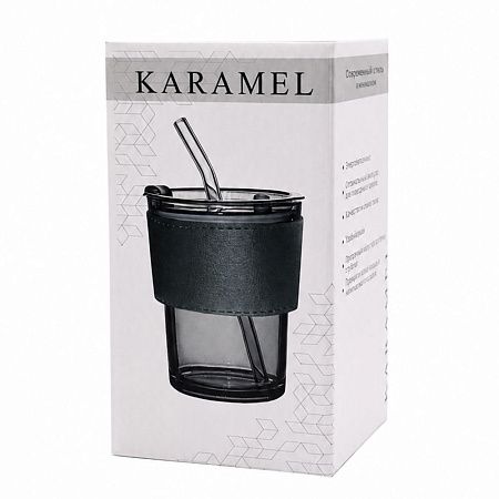Стакан стеклянный с трубочкой и капхолдером Karamel, золотой