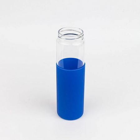 Бутылка стеклянная с силиконовой манжетой и бамбуковой крышкой  Glass, синяя
