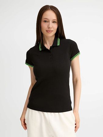 Рубашка поло женская Pasadena Women 200 с контрастной отделкой, черная с зеленым, размер S