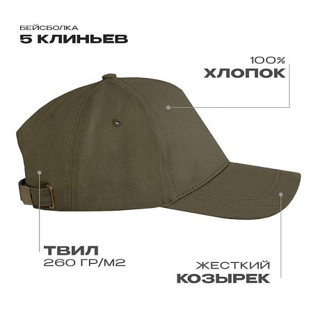 Бейсболка STAN 5 клиньев хлопок 260, 12, Оливковый хаки,  (36)  (56-58/ONE SIZE)