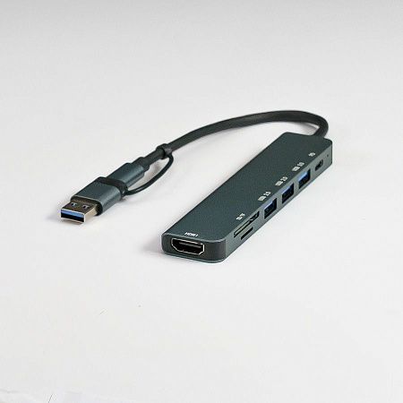 USB-хаб STEM 7 в 1, серый, алюминий