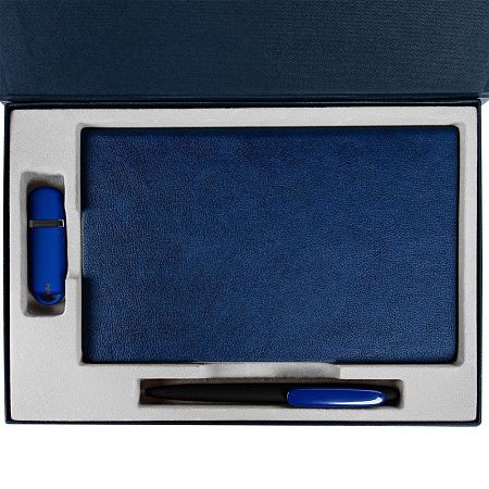 Коробка Silk с ложементом под ежедневник 13x21 см, флешку и ручку, ver. 2, темно-синяя