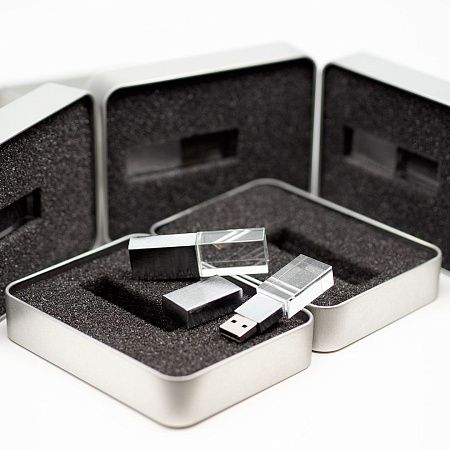 Флеш накопитель USB 2.0 Кристалл, металл/стекло, прозрачный/серебристый, подсветка красным, 16 GB