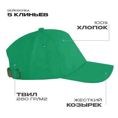 Бейсболка STAN 5 клиньев хлопок 260, 12, Зелёный,  (30)  (56-58/ONE SIZE)