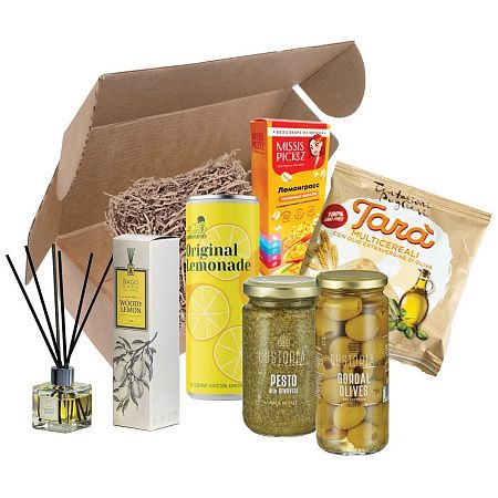 Подарочный набор "Итальянские радости": диффузор, лимонад, песто, оливки, таралли, печенье