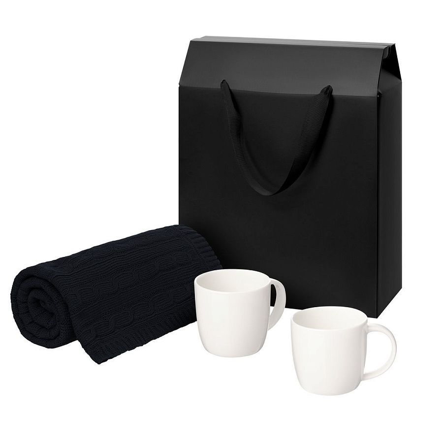 Подарочный набор Дафна (Dafna), Фадо (Fado), темно-сиий в черной коробке-пакете (две фарфоровых кружки, плед)