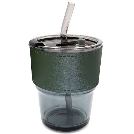 Стакан стеклянный с трубочкой и капхолдером Karamel, зелёный