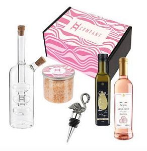 Подарочный набор "Фламинго": бутыль для масла, оливковое масло, винный уксус, розовая соль, пробка для бутылки