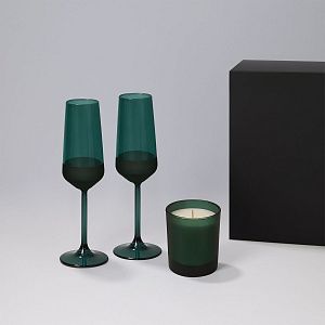 Подарочный набор свеча Enigma + 2 бокала для шампанского Emerald в черной коробке