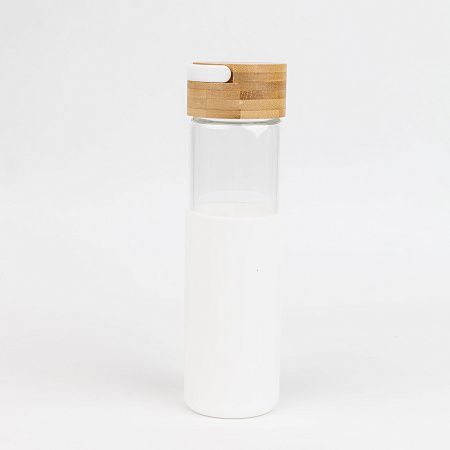Бутылка стеклянная с силиконовой манжетой и бамбуковой крышкой  Glass, черная