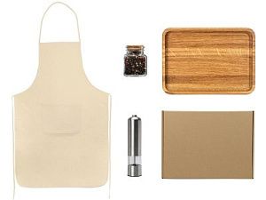 Подарочный набор для кухни с фартуком, подносом, мельницей и специями, цвет: коричневый