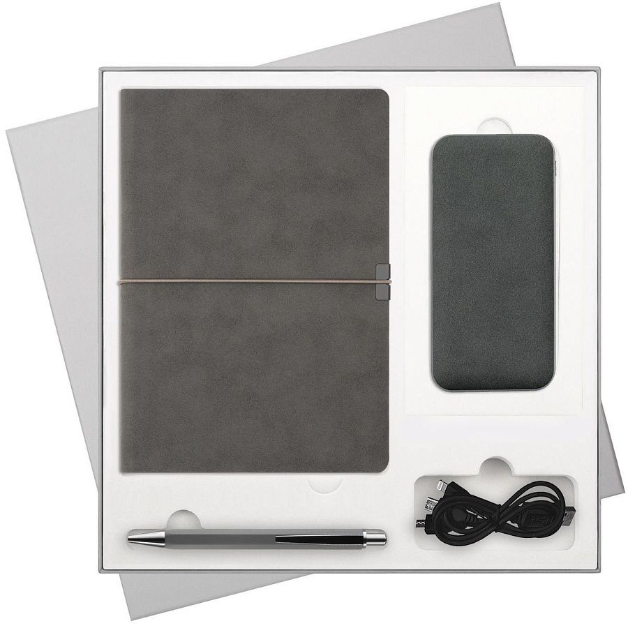 Подарочный набор In Velour, серый (ежедневник, ручка, аккумулятор)