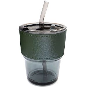 Стакан стеклянный с трубочкой и капхолдером Karamel, зелёный