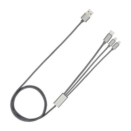 Кабель зарядный выдвижной USB OmniCore 60W 3-в-1 на Lightning, Micro-USB, Type-C «U50» 2,4 A, Quick Charge в пластиковом футляре, серый