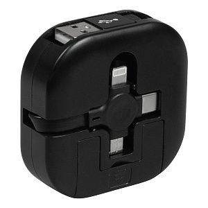 Кабель зарядный выдвижной USB Wingle 3-в-1 на Lightning, Micro-USB, Type-C «U50» 2,4 A, Quick Charge с подставкой для телефона, квадратный, черный