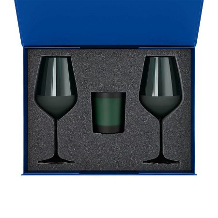 Подарочный набор свеча Enigma + 2 бокала для вина Emerald в синей коробке