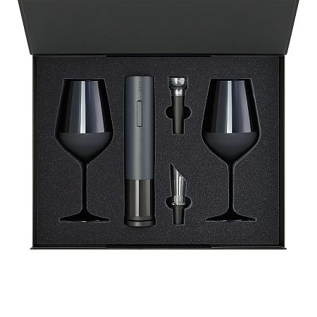 Подарочный набор 2 бокала для вина Сапфир (Sapphire) + набор для вина с электрическим штопором Сакраменто (Sacramento), в черной коробке