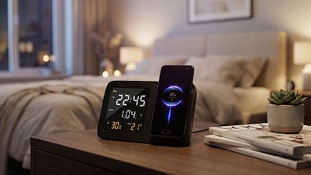 Настольные часы "Smart Screen" с беспроводным (15W) зарядным устройством, гигрометром, термометром, календарём, с подсветкой логотипа