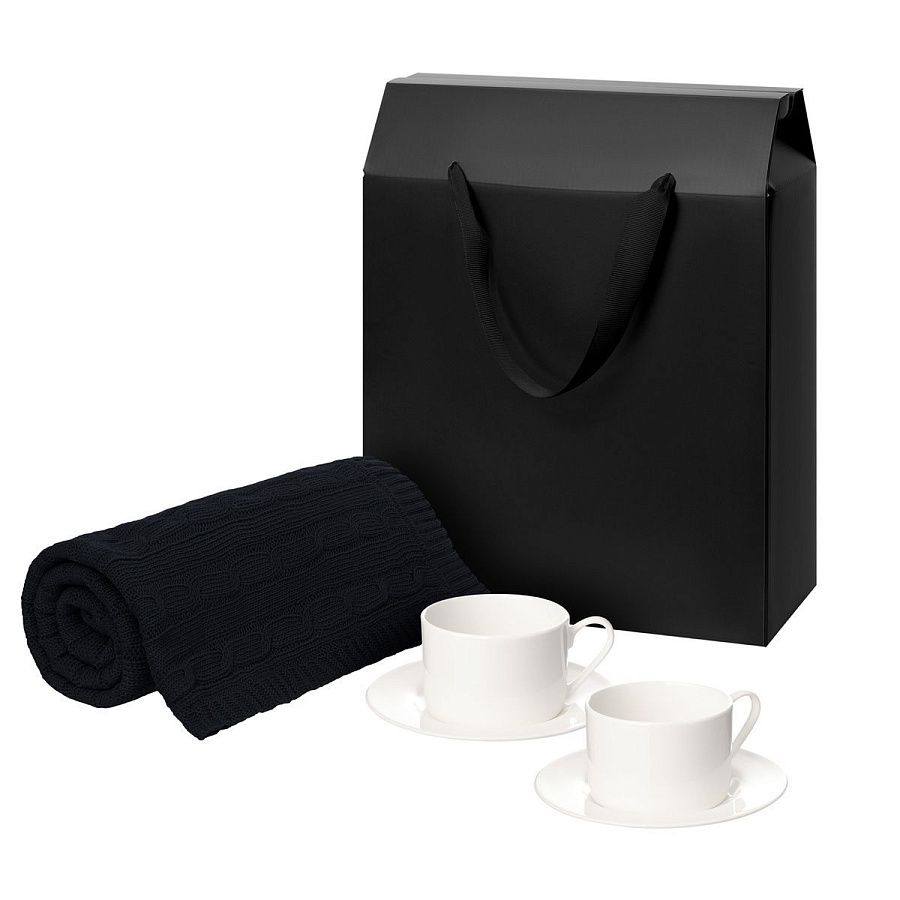 Подарочный набор Мокко (Mokko), Фадо (Fado), темно-синий в черной коробке-пакете (две чайных пары, плед)