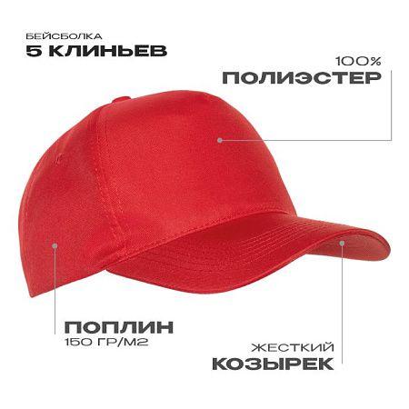 Бейсболка STAN 5 клиньев полиэстер 150, 10P, Красный,  (14)  (56-58/ONE SIZE)