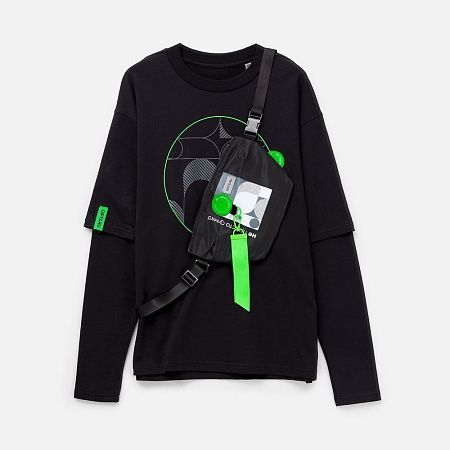 Футболка оверсайз с двойным рукавом Kosmos, черная, размер M/L