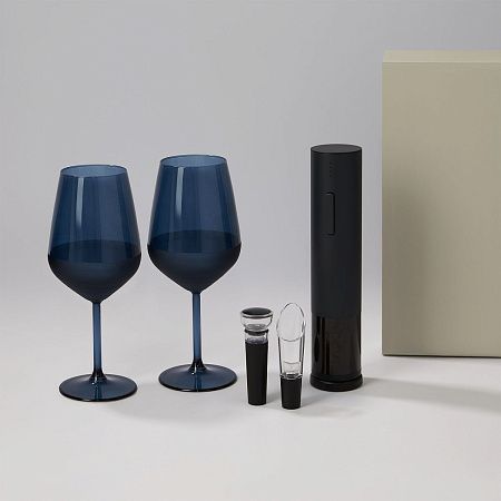 Подарочный набор 2 бокала для вина Сапфир (Sapphire) + набор для вина с электрическим штопором Сакраменто (Sacramento), в серой коробке
