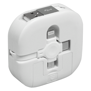 Кабель зарядный выдвижной USB Wingle 3-в-1 на Lightning, Micro-USB, Type-C «U50» 2,4 A, Quick Charge с подставкой для телефона, квадратный, белый