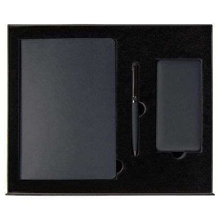Набор подарочный Solution Prestige Yota Trio (Ежедневник Flexy Latte Soft Touch Black Edition Color А5, Внешний аккумулятор (powerbank) «WeCharge Soft Touch», Ручка Grand Attashe металлическая,) в подарочный коробке, черный