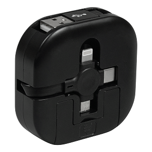 Кабель зарядный выдвижной USB Wingle 3-в-1 на Lightning, Micro-USB, Type-C «U50» 2,4 A, Quick Charge с подставкой для телефона, квадратный, черный