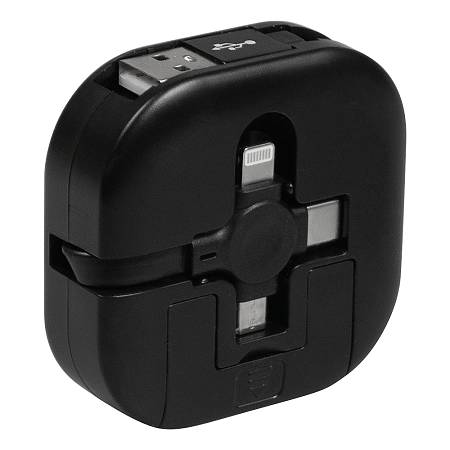 Кабель зарядный выдвижной USB Wingle 3-в-1 на Lightning, Micro-USB, Type-C «U50» 2,4 A, Quick Charge с подставкой для телефона, квадратный, черный