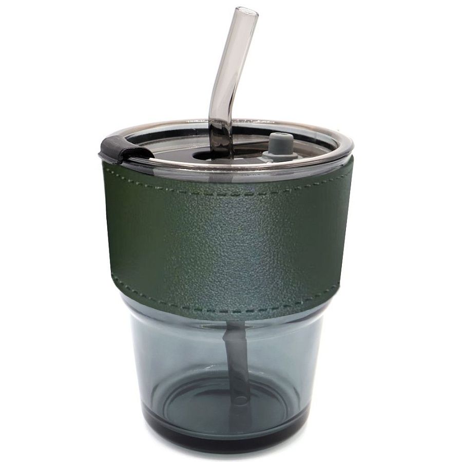 Стакан стеклянный с трубочкой и капхолдером Karamel, зелёный