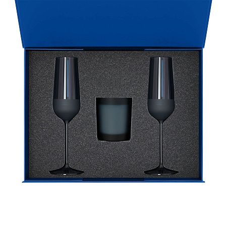 Подарочный набор свеча Enigma + 2 бокала для шампанского Sapphire в синей коробке