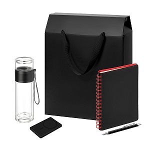 Подарочный набор Welcome Pack, черный/красный (бутылка, ежедневник, ручка, ЗУ, коробка-пакет)