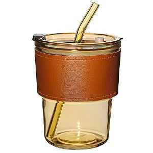 Стакан стеклянный с трубочкой и капхолдером Karamel, бордовый.