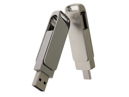 USB 2.0- флешка на 128 Гб с поворотным механизмом и дополнительным разъемом Type-C