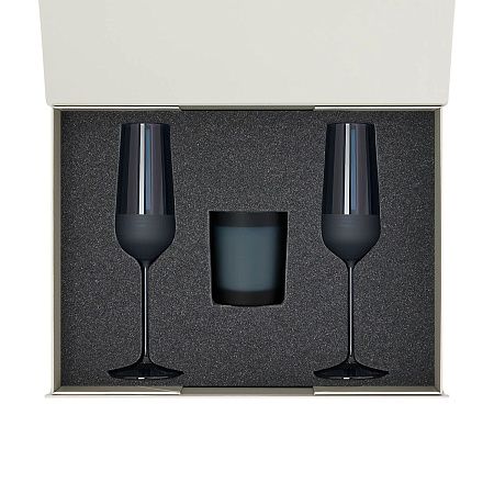 Подарочный набор свеча Enigma + 2 бокала для шампанского Sapphire в серой коробке