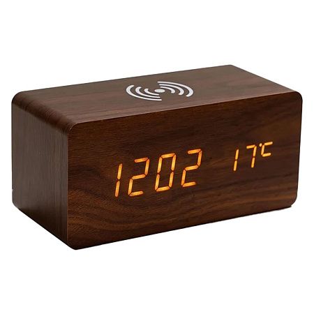 Зарядное устройство 15W Wireless Time Hub с часами, термометром, календарем, темно-коричневое