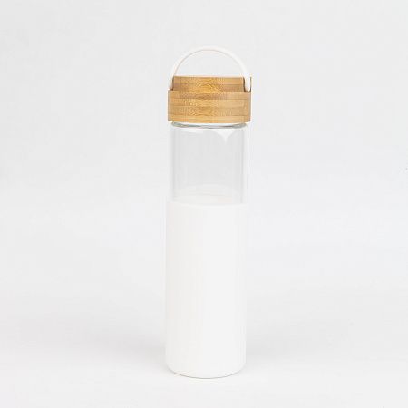 Бутылка стеклянная с силиконовой манжетой и бамбуковой крышкой  Glass, синяя
