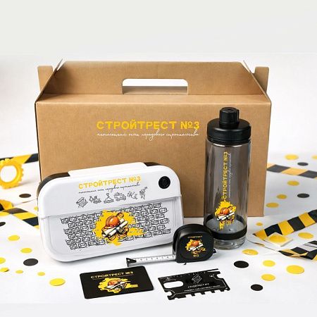 Набор подарочный Solution Everyday Kit Quattro Print Sample "Стройтрест" (мультитул, рулетка, ланч бокс, бутылка для воды), черный