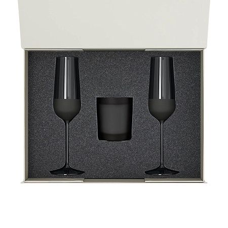 Подарочный набор свеча Enigma + 2 бокала для шампанского Black Edition в серой коробке