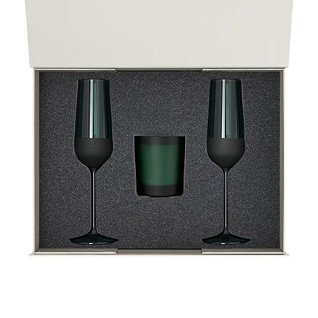 Подарочный набор свеча Энигма (Enigma) + 2 бокала для шампанского Эмеральд (Emerald) в серой коробке