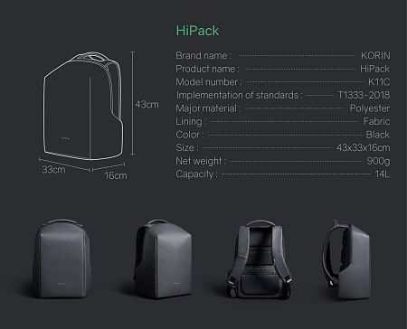 Рюкзак KORIN HiPack 43х33х16 см, черный