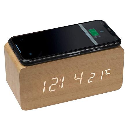 Зарядное устройство 15W Wireless Time Hub с часами, термометром, календарем, светло-коричневое
