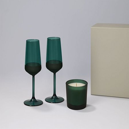 Подарочный набор свеча Энигма (Enigma) + 2 бокала для шампанского Эмеральд (Emerald) в серой коробке